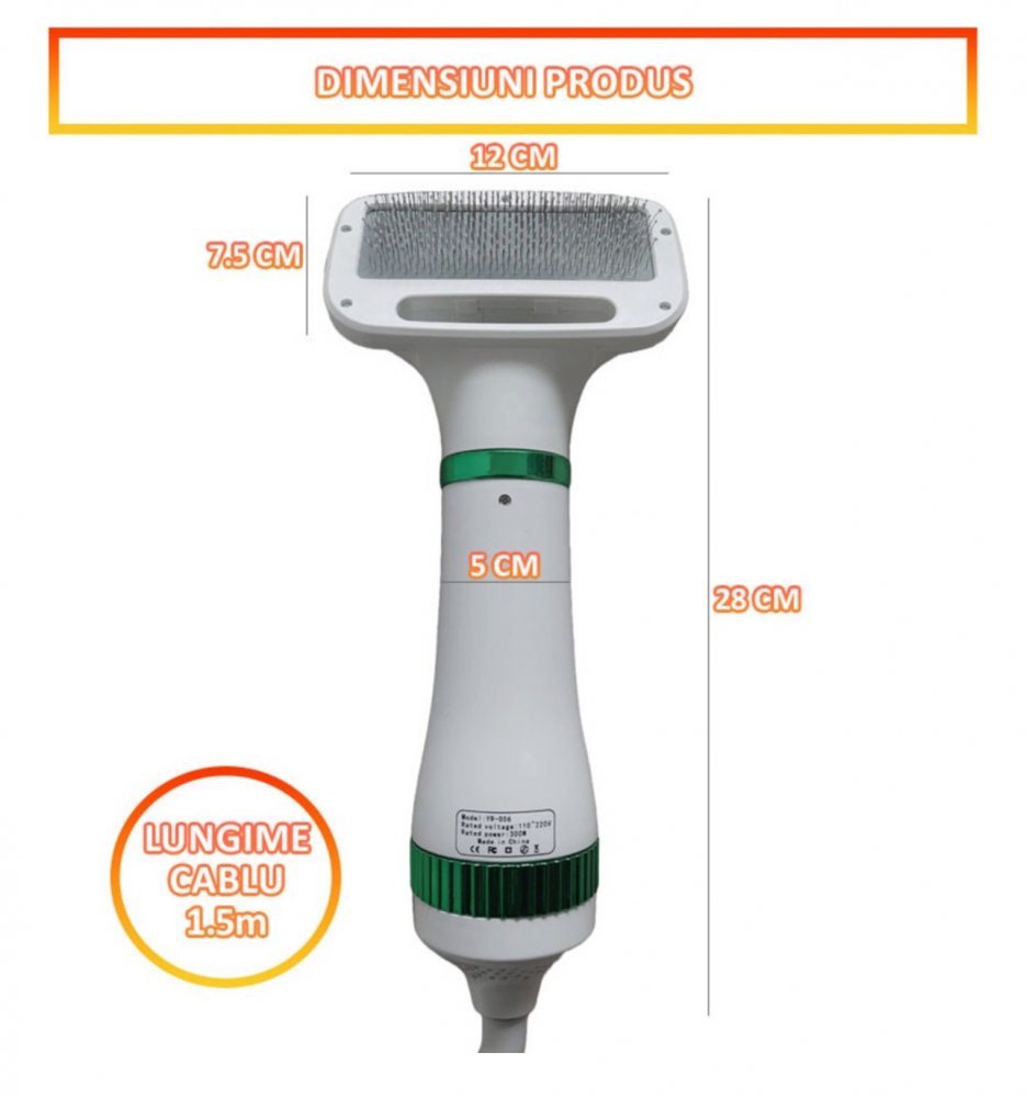 Perie cu Uscator ALG™, pentru Caini/Pisici si alte Animale de Companie , 2 in 1cu 3 moduri de Uscare, Zgomot Redus, 300W, Cablu 1.5m, Alb-Verde [8]