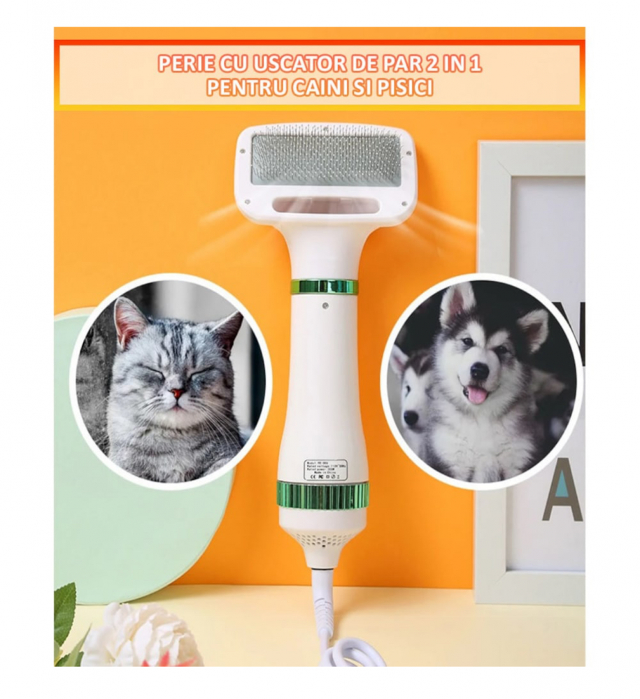Perie cu Uscator ALG™, pentru Caini/Pisici si alte Animale de Companie , 2 in 1cu 3 moduri de Uscare, Zgomot Redus, 300W, Cablu 1.5m, Alb-Verde [2]