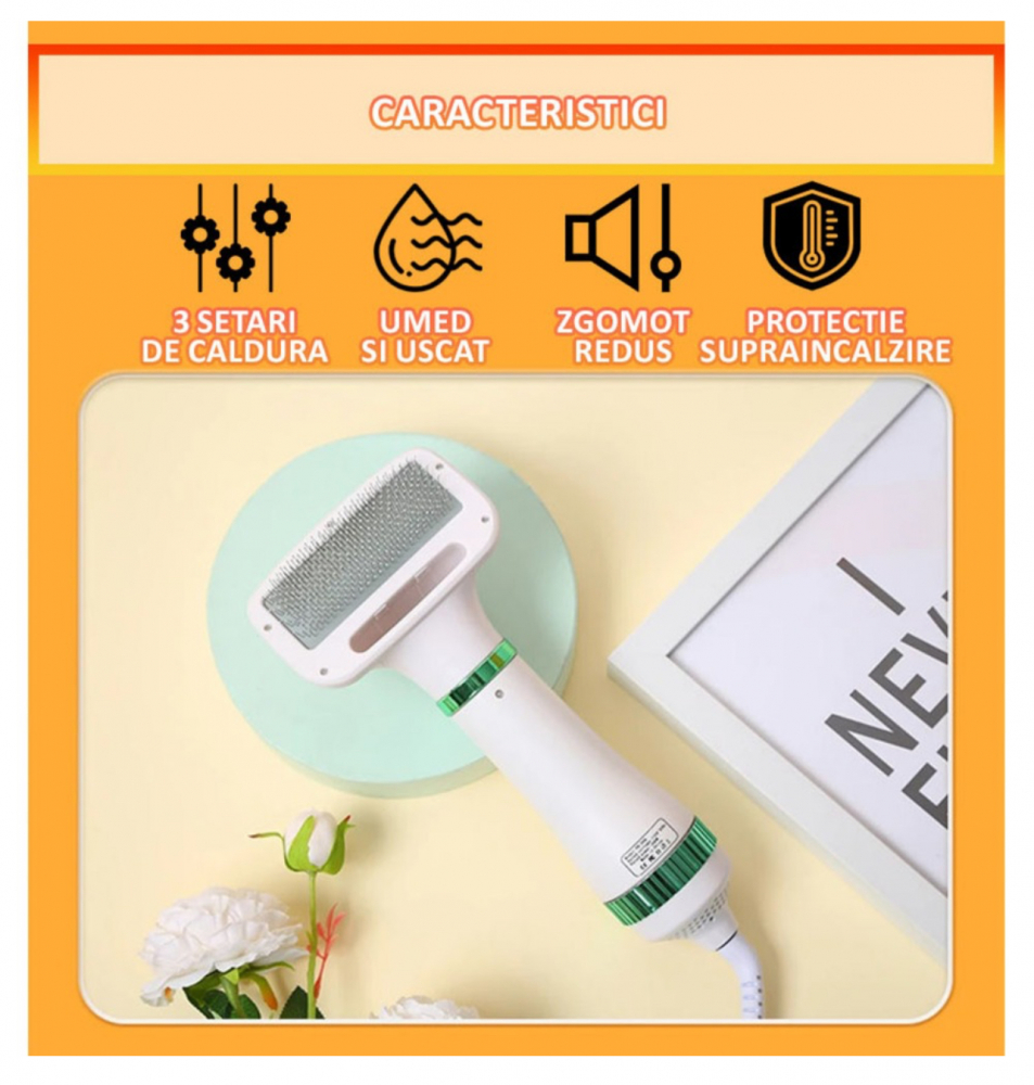 Perie cu Uscator ALG™, pentru Caini/Pisici si alte Animale de Companie , 2 in 1cu 3 moduri de Uscare, Zgomot Redus, 300W, Cablu 1.5m, Alb-Verde [4]
