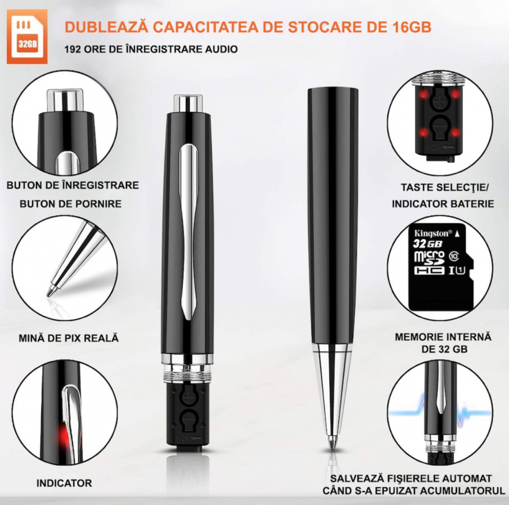 Reportofon Spion ALG™, Integrat in Pix,Dispozitiv Spionaj Ascuns cu Activare Vocala, Pana la 400 Ore Stocare, Real cu pasta de Scris,pentru inregistrari audio sau copiat,Negru [13]