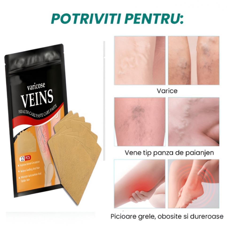 Set x 3 Pachete Plasturi Pentru Varice (vene varicoase), ALG™ , Senzatia de Picioare Grele si Obosite, din plante naturale,dimensiuni 7x10 cm, Pachet 12 Bucati [4]