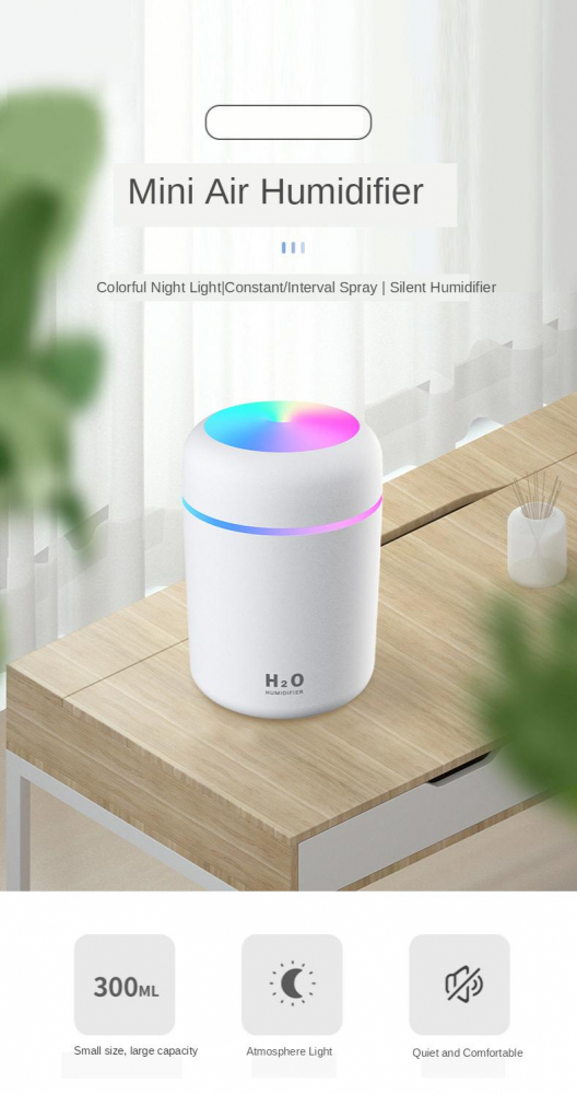 Umidificator de aer cu difuzor aromaterapie, ultrasunete, pentru casa, birou si masina, 300 ml, Alb [6]