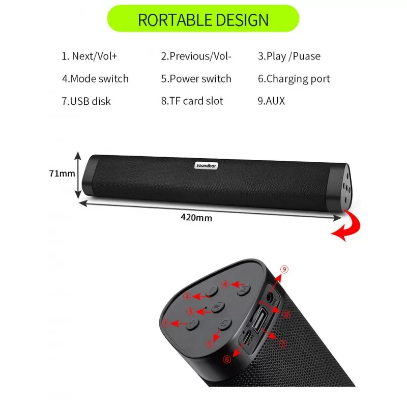 Boxa Portabila Wireless Soundbar, USB, AUX, TF Card, Bluetooth, A 15, Negru [3]