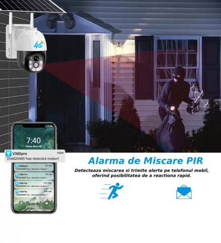 Camera De Supraveghere ALG™ Cu Incarcare Solara, 4G SIM, 5MP, FullHD, 365 Zile UPTIME, Impermeabil, Lte Camera solara CCTV PTZ in aer liber 8760 de ore Inregistrare HD continua, Alba [8]