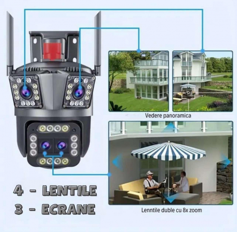 Camera de Supraveghere portabila tripla ( 3 zone de supraveghere ) Conexiune 4G SIM, 4MP, cu panou solar, acumulatori inclusi 8000mah, intelligent tracking, PTZ, Micro SD, Rotire 360, Alarma, Interior & Exterior, stocare CLOUD [3]