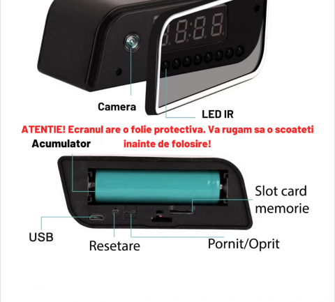 Camera Spy ALG™, WI-FI IP Ascunsa in Ceas Desteptator , Dispozitiv de Spionaj cu Mini-Camera si Microfon, Infrarosu , 1080P ,Activare la Miscare, Negru [2]