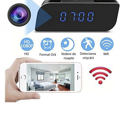 Camera Spy ALG™, WI-FI IP Ascunsa in Ceas Desteptator , Dispozitiv de Spionaj cu Mini-Camera si Microfon, Infrarosu , 1080P ,Activare la Miscare, Negru [9]