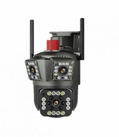 Camere Video,Audio,Spionaj - Camera tripla de supraveghere, conectare WIFI, 12 MP, Ultra HD, pentru interior/exterior, Zoom 5X, functie de rotire, Lumina LED, senzor de miscare, alarma, negru