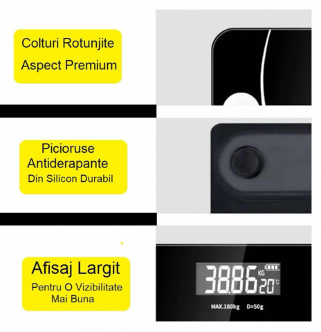 Cantar Electronic Inteligent Cu Aplicatie Smart, Corporal, Ecran Digital Iluminat, Termometru, Suporta Maxim 180 Kg, Baterii, Negru [3]