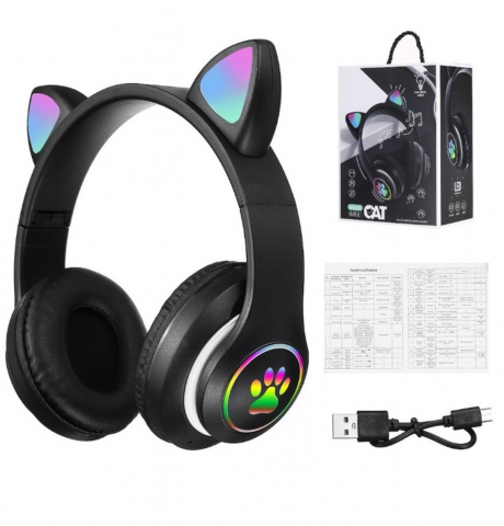 PROMOTII - Casti Wireless pentru Copii, ALG™, Bluetooth 5.0, Microfon, Card TF, Model urechi de pisica, Iluminare LED
