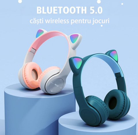 Casti Wireless pentru Copii, ALG™, Bluetooth 5.0, Microfon, Card TF, Model urechi de pisica, Iluminare LED [5]