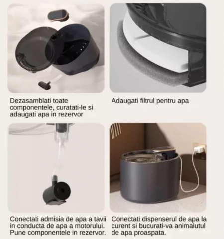 Dispenser apa automat tip fantana, pentru pisici si caini, cu purificare si filtrare prin carbune activ, silentios, led luminos, 3L, adaptor priza, Negru [4]