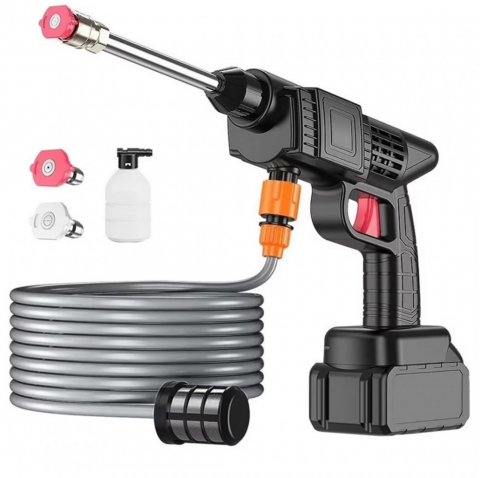 Dispozitiv De Spalat Cu Presiune, cu Acumulator inclus, furtun,filtru,conectori,recipient spuma si alte accesorii, Putere 240L/h, 25 bar, Maner Ergonomic, 3 Jeturi Diferite, Geanta De Transport, Negru [1]