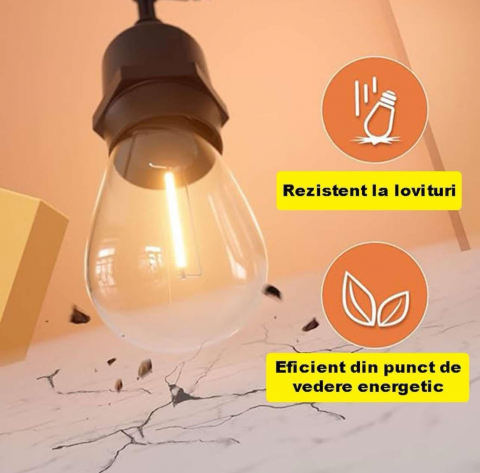 Instalatie Tip Ghirlanda Interior/Exterior/Gradina/Terasa, Becuri Tip Bulb, Lumina Calda, Interconectabila, Temperatura Culoare 3000K, Rezistenta La Apa, Cu Alimentare La Priza, 10 Metri [2]