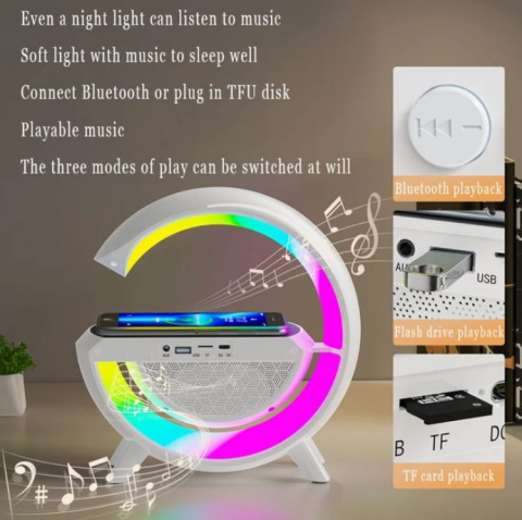 Lampa Smart 3 in 1, LED RGB si Incarcator Wireless Fast Charging 15W, Lumini Ambientale, Sincronizare muzicala, Acumulator,Difuzore, Bluetooth/FM/Card/Stick,apel telefonic [4]