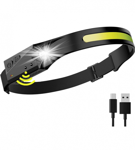 Becuri led ECO - Lanterna de Cap LED, ALG™, Profesionala, Incarcare USB, Senzor Miscare, 4 Moduri Lumina, ABS / Silicon, IPX4, lumina laterala, Pentru Pescuit, Vanatoare, Munca, Negru
