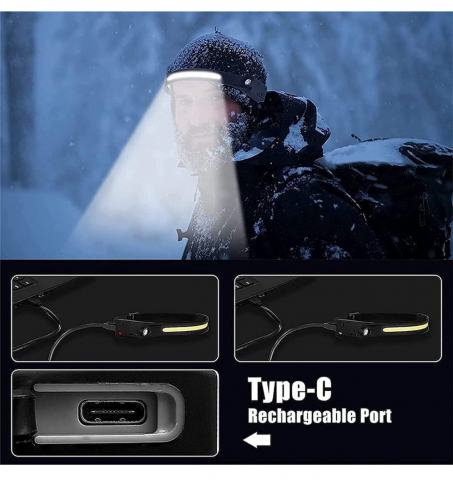Lanterna de Cap LED, ALG™, Profesionala, Incarcare USB, Senzor Miscare, 4 Moduri Lumina, ABS / Silicon, IPX4, lumina laterala, Pentru Pescuit, Vanatoare, Munca, Negru [7]