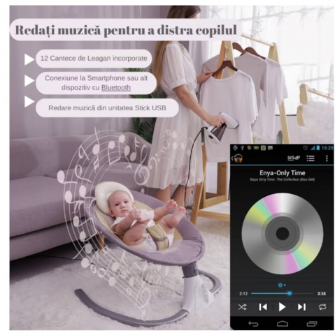 Leagăn Electric Bebeluși, Little Bird Balansoar pentru Bebe cu trepte de legănare, plasă protecție, conexiune Bluetooth, Telecomandă,USB, Jucării și Melodii ,Albastru [9]