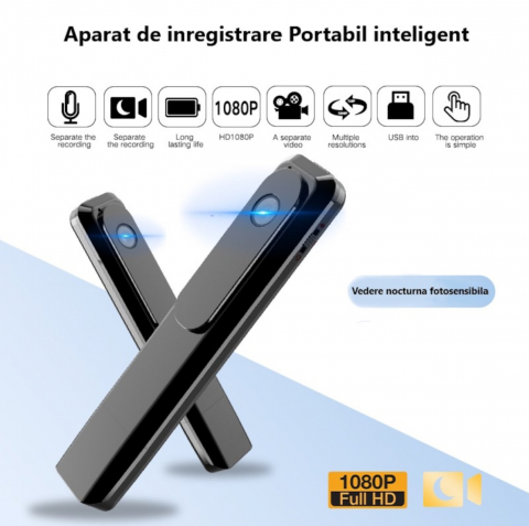 Camere Video,Audio,Spionaj - Mini Camera Spion ALG™, Cu Reportofon, Lentila Fotosensibila, tehnologie super rezolution, Autonomie Ridicata, 8 ore, Incarcare rapida, Sensibilitate ridicata la sunet pe distante mari, Inregistrare  