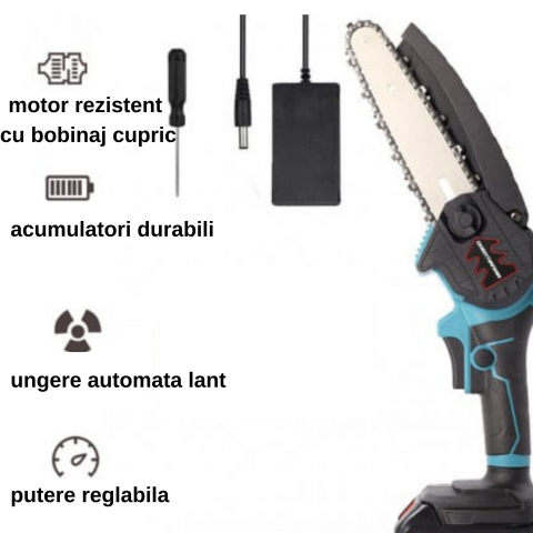 Mini Fierastrau  Electric cu Lant ALG™ tip Drujbita cu 2 Acumulatori Li-ion,Sistem de Ungere,cu Accesorii si Cutie de Transport [1]