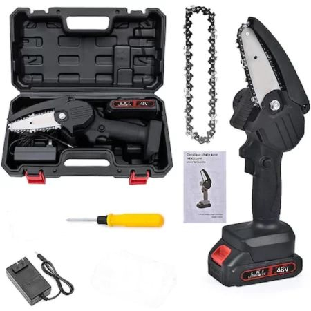 Utilaje si scule electrice - Mini fierastrau electric portabil cu lant/Drujba, 4 Inch, 4500mAh, 1 Baterie, 1 Lant, Rama ajustabila, Negru