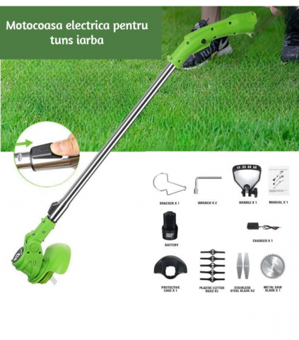 Motocoasa Electrica ALG™, pentru taiat iarba, extensibila, 2 Acumulatori, Accesorii incluse, maner reglabil protectie lama 800 W, 18 000 RPM, Verde [1]