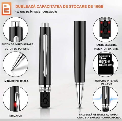 Reportofon Spion ALG™, Integrat in Pix,Dispozitiv Spionaj Ascuns cu Activare Vocala, Pana la 400 Ore Stocare, Real cu pasta de Scris,pentru inregistrari audio sau copiat,Negru [12]