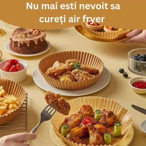 Ambalare si impachetare - Set 100 bucati hartie de copt pentru air fryer, friteuza, Unica folosinta, 20cmx4.5 cm, Maro, Rotund