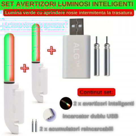 PROMOTII - Set 2 Avertizori, Semnalizatori Inteligenti ALG™,+ 2 Acumulatori Reincarcabili,+ Incarcator dublu USB, pentru Lanseta Feeder, Pescuit de Noapte cu Schimbare de Culoare la Trasatura Pestelui,Pescuit St