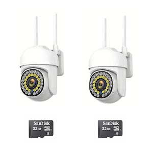 Prize si Prelungitoare - Set 2 Smart Camera Wifi de Exterior si 2 Carduri 32gb, Senzor de Miscare, Night Vision, Vizualizare Live pe Telefon