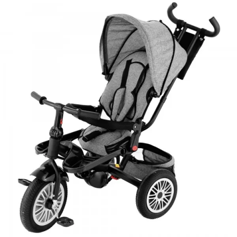 Tricicleta 4 in 1 Rotativa cu Pozitie de Somn,Roti de Cauciuc,Maner reglabil,Centura de Siguranta,Scaun Reversibil,Cadru Otel Little Bird ,Gri [3]