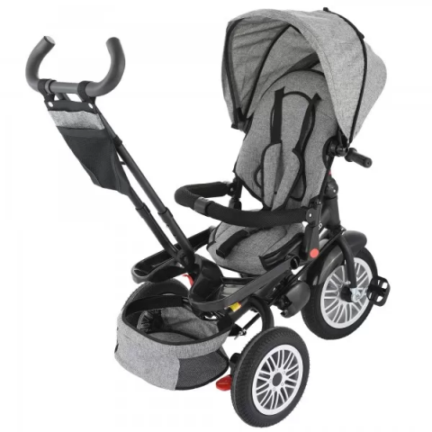 Tricicleta 4 in 1 Rotativa cu Pozitie de Somn,Roti de Cauciuc,Maner reglabil,Centura de Siguranta,Scaun Reversibil,Cadru Otel Little Bird ,Gri [5]