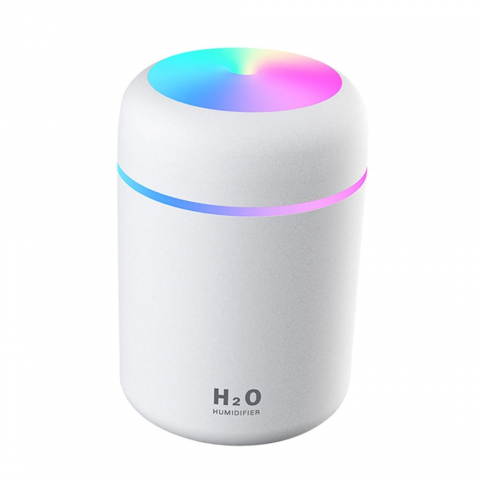 Birou - Umidificator de aer cu difuzor aromaterapie, ultrasunete, pentru casa, birou si masina, 300 ml, Alb