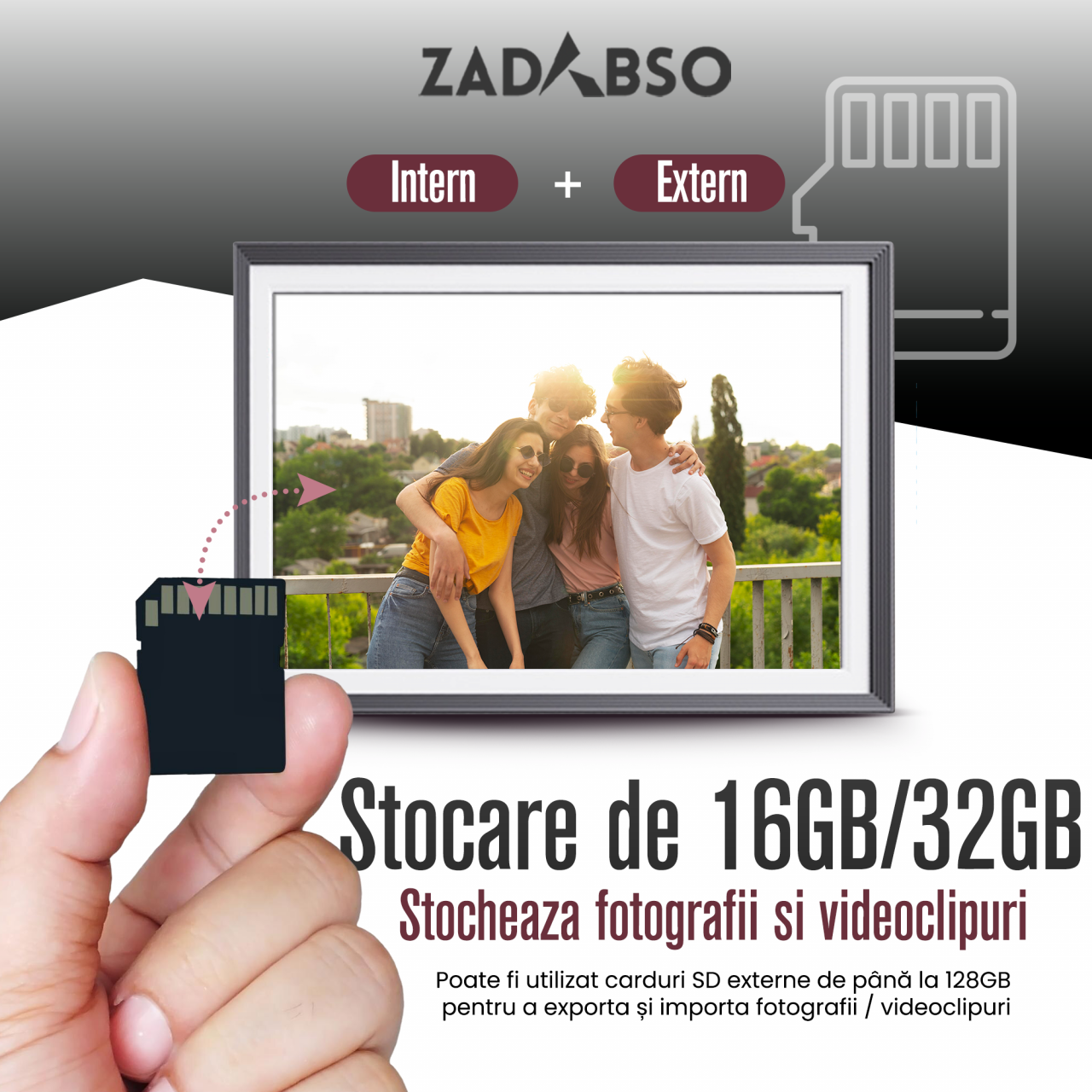Rama Foto Digitala Zadabso®, 10.1 inch, Android 6.0, 16 GB, 300 Lumeni, Touchscreen 1280 x 800 HD IPS, Aplicatie Frameo, MicroSD, Poze/Video, Difuzor [5]