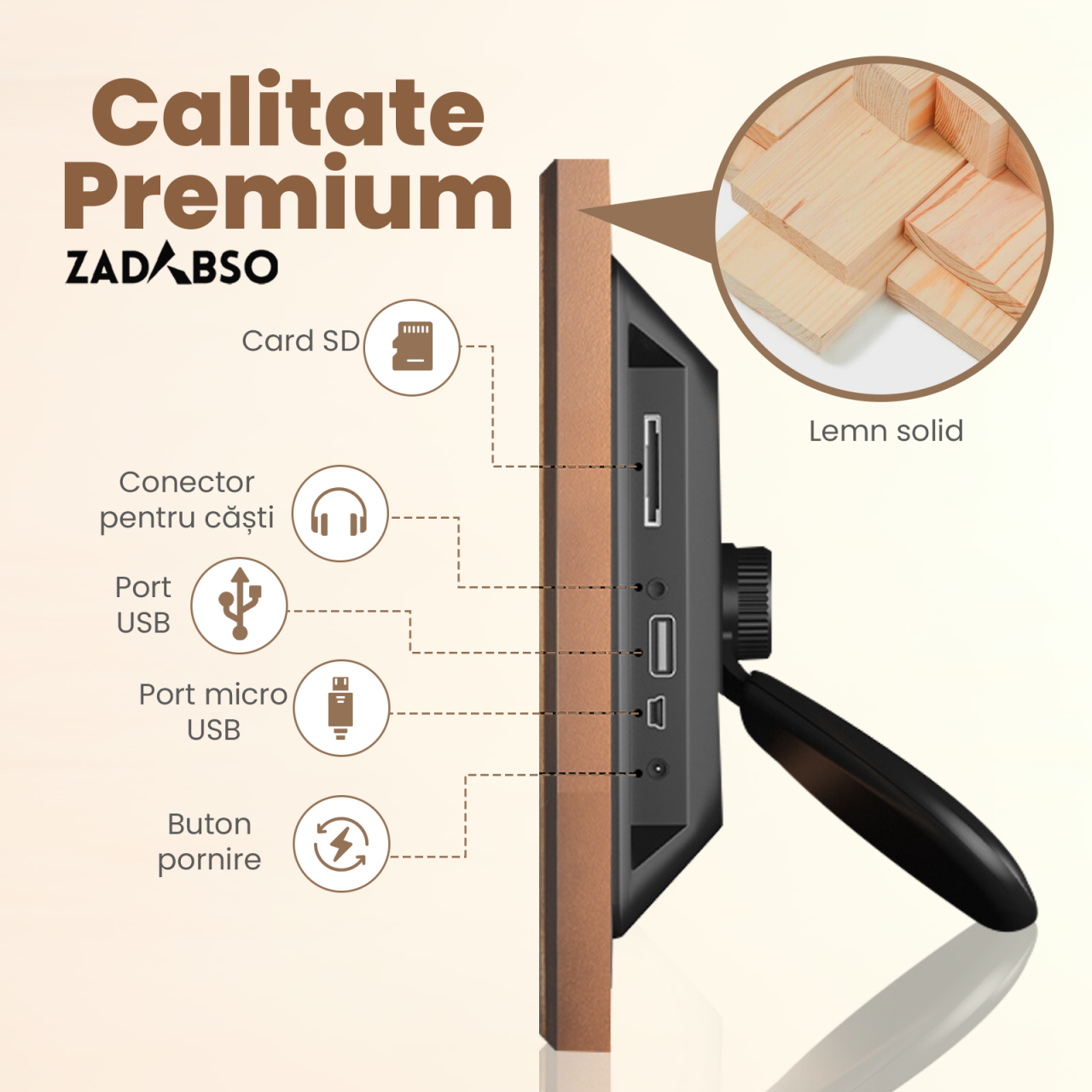 Rama foto digitala, Zadabso®, din lemn, ecran 10.1 inch, 1 GB ram, acumulator intern 3800mAh, memorie interna 32GB, compatibila aplicatie Frameo, 1280x800, MicroSD [6]