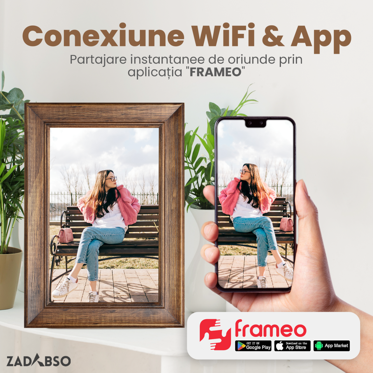Rama foto digitala, Zadabso®, din lemn, ecran 10.1 inch, 1 GB ram, acumulator intern 3800mAh, memorie interna 32GB, compatibila aplicatie Frameo, 1280x800, MicroSD [3]