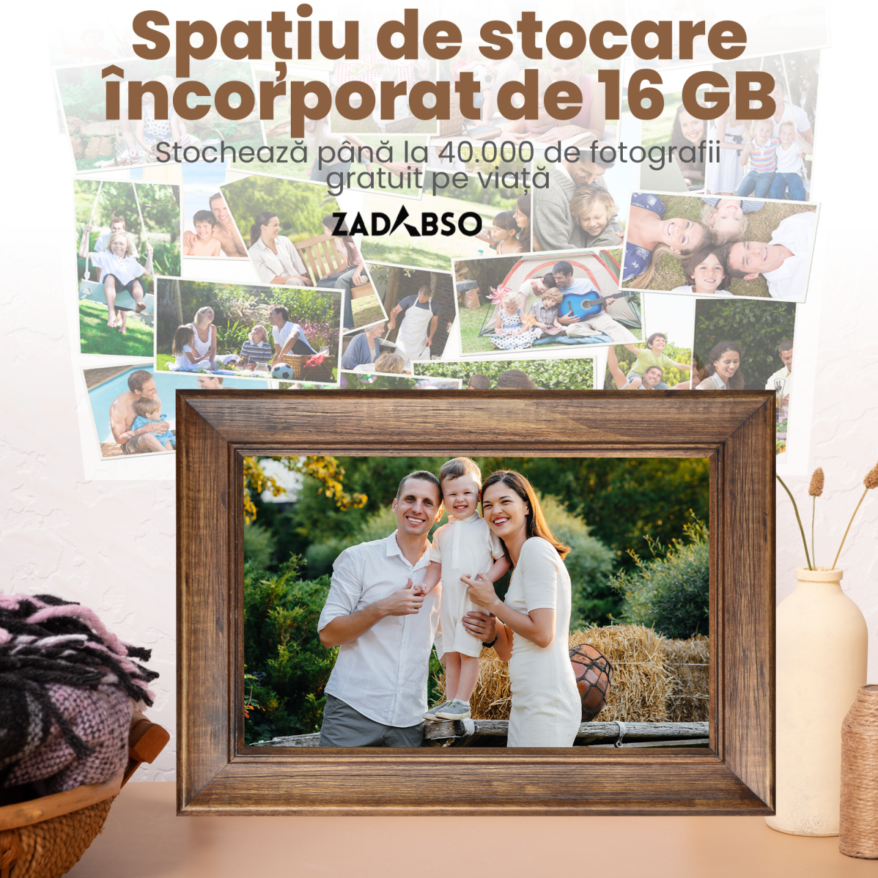 Rama foto digitala, Zadabso®, din lemn, ecran 10.1 inch, 1 GB ram, acumulator intern 3800mAh, memorie interna 32GB, compatibila aplicatie Frameo, 1280x800, MicroSD [5]