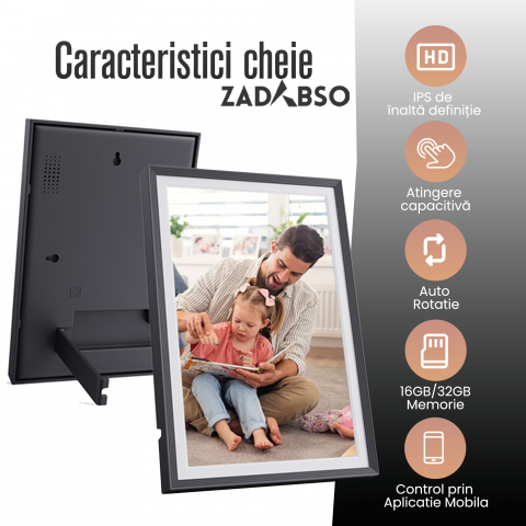 Rama Foto Digitala Zadabso®, 10.1 inch, Android 6.0, 16 GB, 300 Lumeni, Touchscreen 1280 x 800 HD IPS, Aplicatie Frameo, MicroSD, Poze/Video, Difuzor [6]