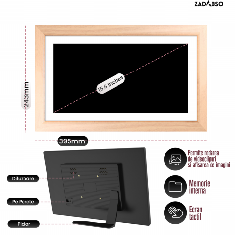 Rama Foto Digitala Zadabso®, 15.6 inch, Aplicatia Frameo, Touchscreen 1920x1080, 32 GB, WIFI, MicroSD, Poze/Video, Difuzor [3]