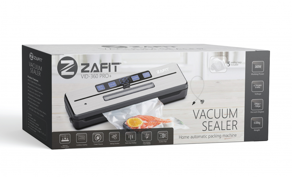 Aparat de vidat alimente ZAFIT™ VID-360 PRO+, Furtun vidare sticle si caserole, 30 cm bara de lipire, 5 pungi incluse, Negru/Inox [7]