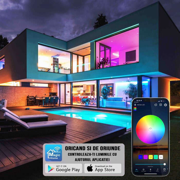 Banda LED RGB ZAFIT™ 10 metri, Exterior/Interior IP65, Wi-Fi, aplicatie telefon, telecomanda, mod muzica, timer, microfon, intensitate lumina reglabila - Copie [5]