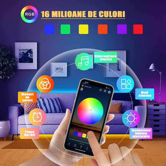 Banda LED RGB ZAFIT™ 10 metri, Exterior/Interior IP65, Wi-Fi, aplicatie telefon, telecomanda, mod muzica, timer, microfon, intensitate lumina reglabila - Copie [6]