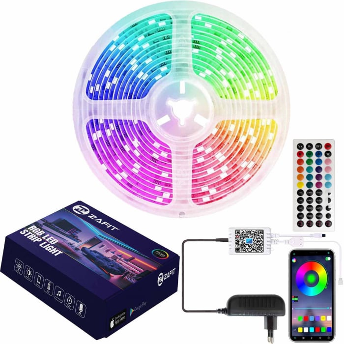 Banda LED ZAFIT, 10 metri, Bluetooth, aplicatie telefon, telecomanda, mod muzica, timer, microfon, intensitate lumina reglabila, Interior, IP20, 5050 RGB, autoadeziva