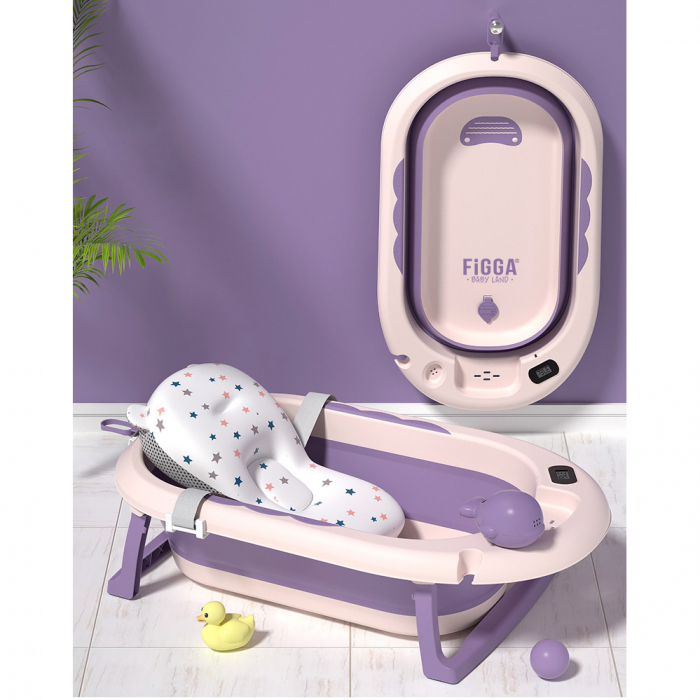 Cadita bebe cu suport FiGGA®, 0-48 luni, pliabila, termometru, picioare antiderapante, cana pentru clatire tip jucarie, suport cap de dus, suport pentru sapun, Roz [5]