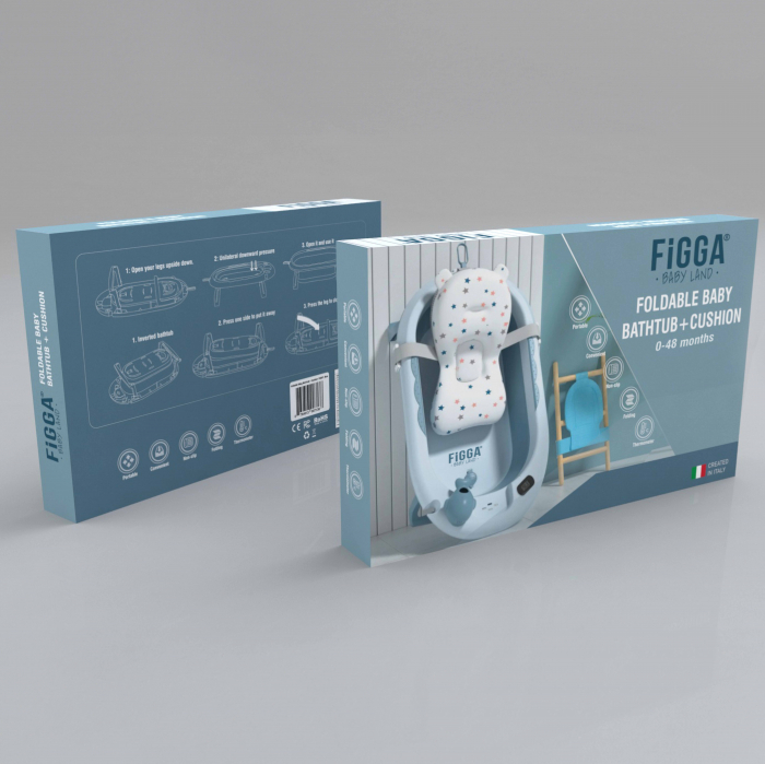 Cadita bebe cu suport FiGGA®, 0-48 luni, pliabila, termometru, picioare antiderapante, cana pentru clatire tip jucarie, suport cap de dus, suport pentru sapun, Albastru [10]