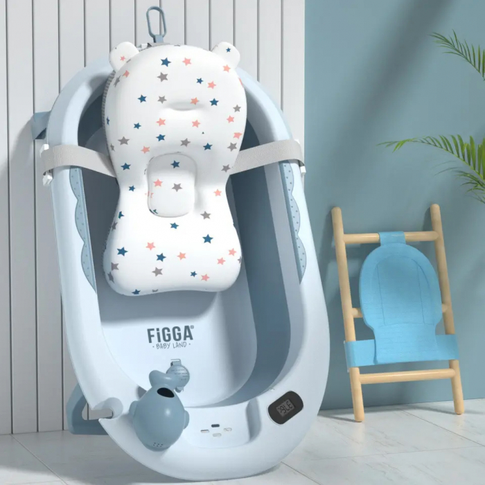 Cadita bebe cu suport FiGGA®, 0-48 luni, pliabila, termometru, picioare antiderapante, cana pentru clatire tip jucarie, suport cap de dus, suport pentru sapun, Albastru [8]