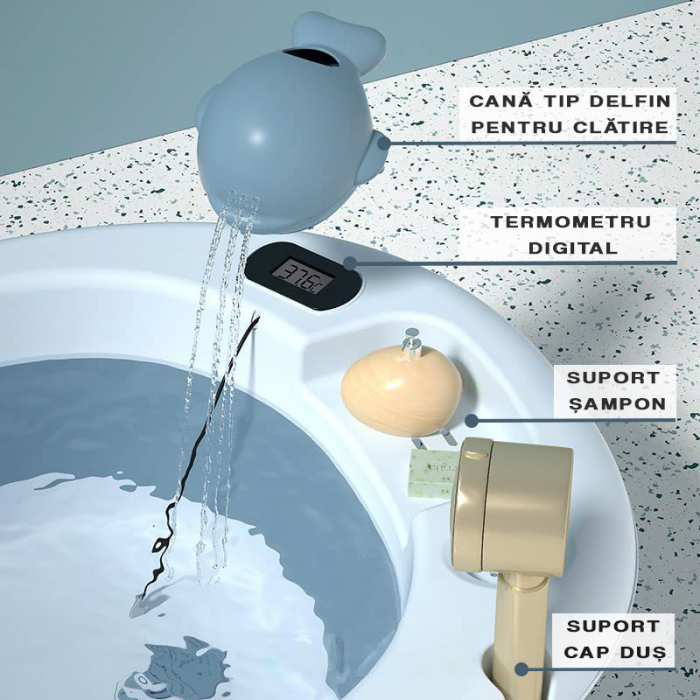Cadita bebe cu suport FiGGA®, 0-48 luni, pliabila, termometru, picioare antiderapante, cana pentru clatire tip jucarie, suport cap de dus, suport pentru sapun, Albastru [4]