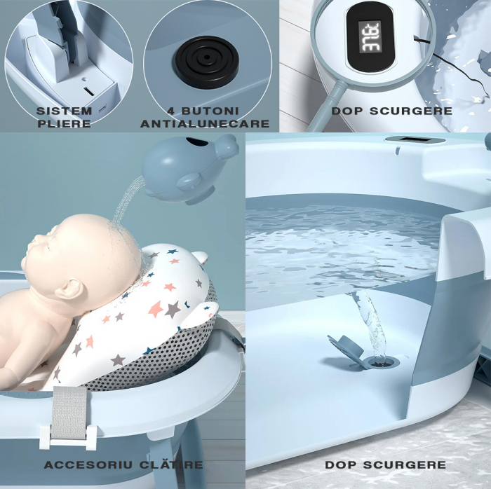 Cadita bebe cu suport FiGGA®, 0-48 luni, pliabila, termometru, picioare antiderapante, cana pentru clatire tip jucarie, suport cap de dus, suport pentru sapun, Albastru [5]