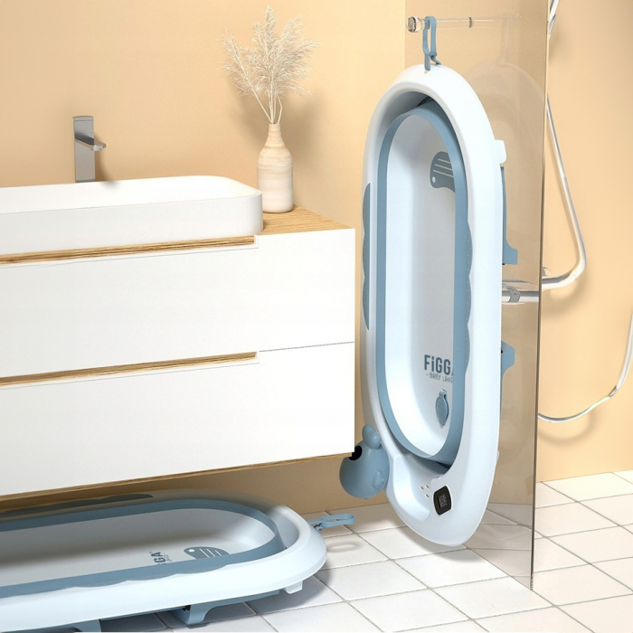 Cadita bebe cu suport FiGGA®, 0-48 luni, pliabila, termometru, picioare antiderapante, cana pentru clatire tip jucarie, suport cap de dus, suport pentru sapun, Albastru [6]
