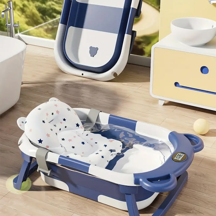 Cadita bebe cu suport FiGGA®, 0-48 luni, portabila, extra pliabila, termometru, picioare antiderapante, suport cap de dus, Albastru [9]